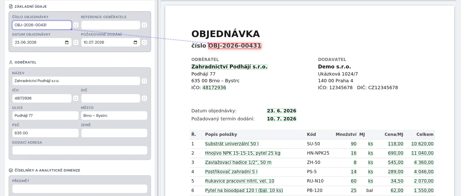 Detail přijaté objednávky v Raye — vlevo vytěžená hlavička a odběratel, vpravo původní objednávka; číslo objednávky je vodicí linkou spojené s místem v dokumentu